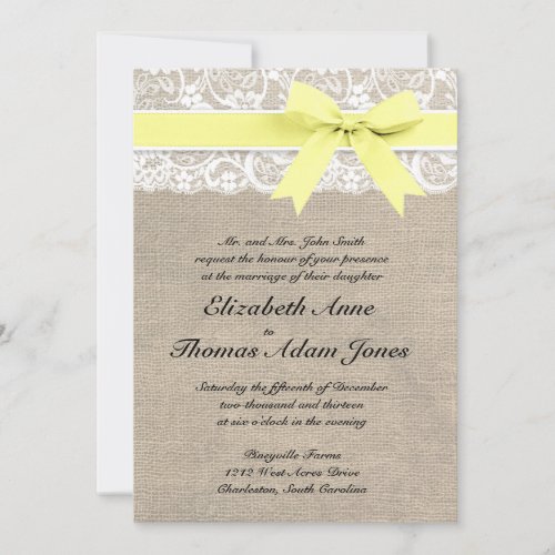 White Lace and Burlap Wedding Invitation- Yellow