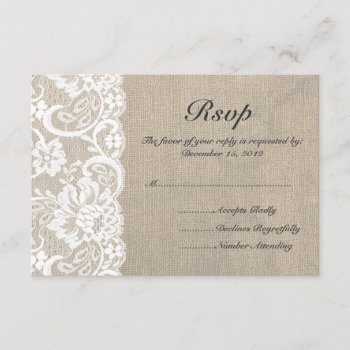 White Lace And Burlap Wedding Rsvp Card by ModernMatrimony at Zazzle