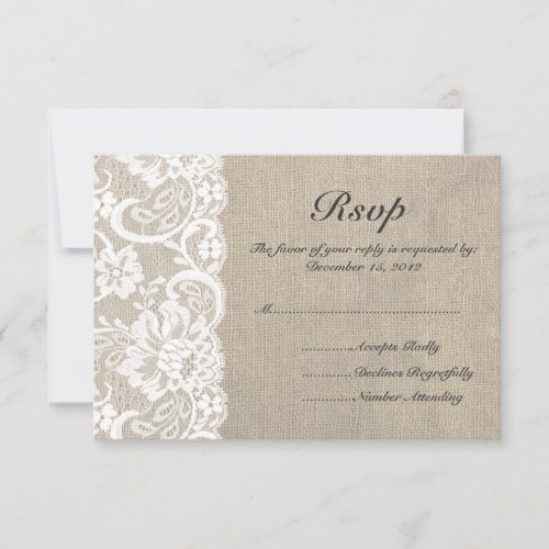 White Lace and Burlap Wedding RSVP Card