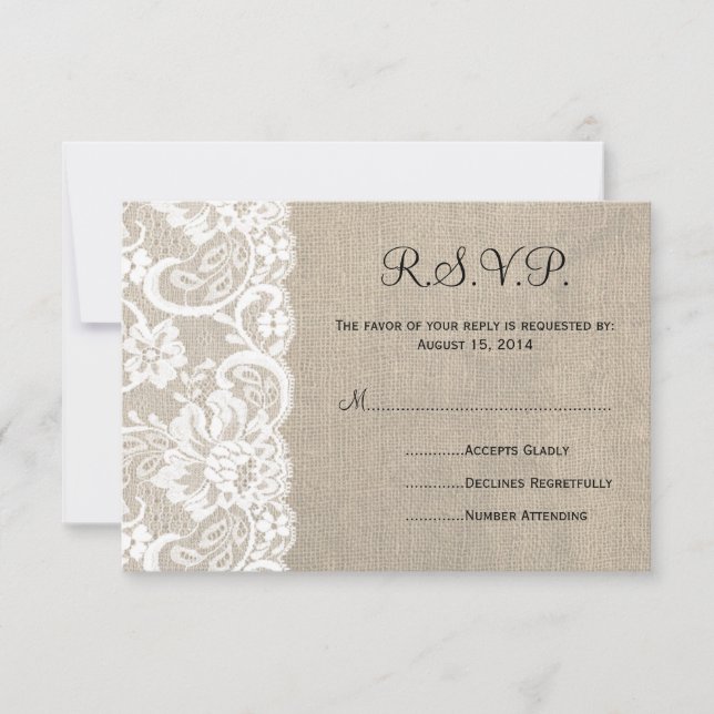White Lace and Burlap Wedding RSVP Card 2 (Front)