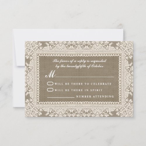 White lace and burlap wedding RSVP cards