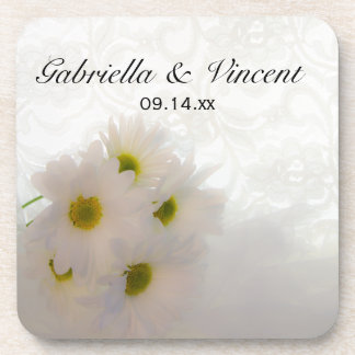 White Lace and Daisies Wedding Drink Coaster