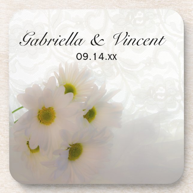 White Lace and Daisies Wedding Drink Coaster (Front)