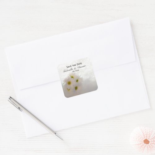 White Lace and Daisies Wedding Save the Date Square Sticker