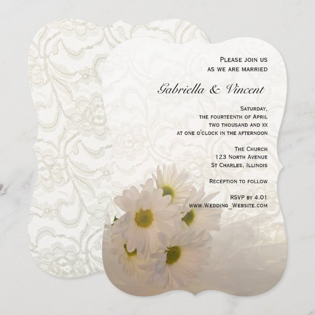 White Lace and Daisy Flowers Wedding Invitation (Front/Back)