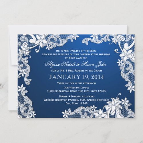 White Lace and Deep Sapphire Wedding Invite