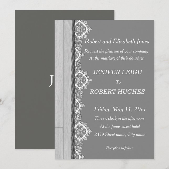 White lace and grey rustic wooden wedding invitation (Front/Back)