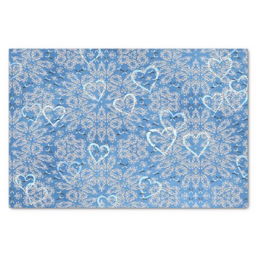 White Lace And Hearts On Blue Tissue Paper