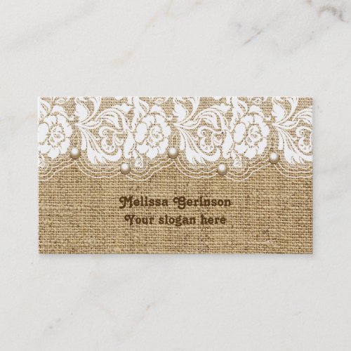 White lace and pearls on linen colored burlap business card