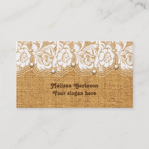 Customizable White lace and pearls on orange colored burlap business card templates