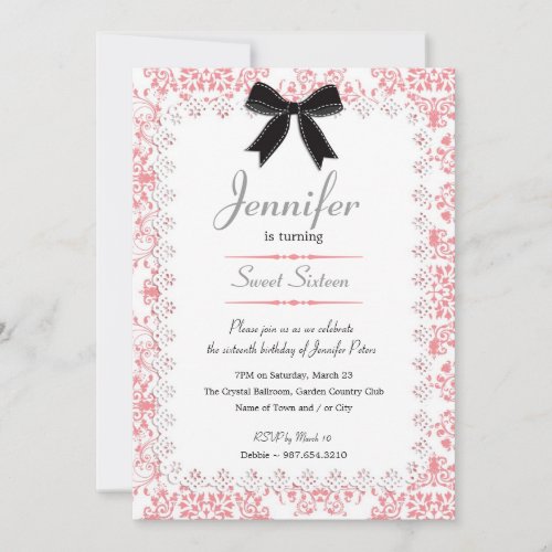White Lace and Pink Damask Sweet 16 5x7 Custom Invitations
