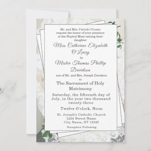 White Lace and Rose Leaves Wedding Invitation