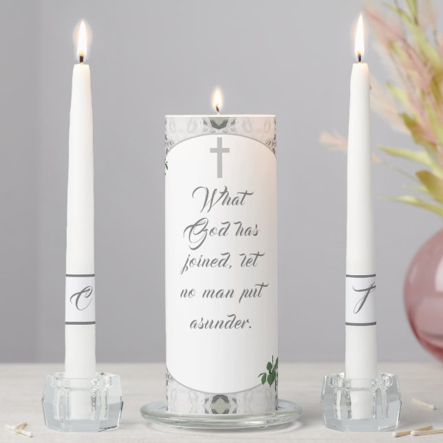 White Lace and Rose Leaves Wedding Unity Candle Set (In Situ)