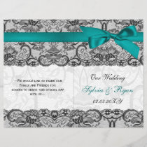 white lace,aqua ribbon book fold Wedding program