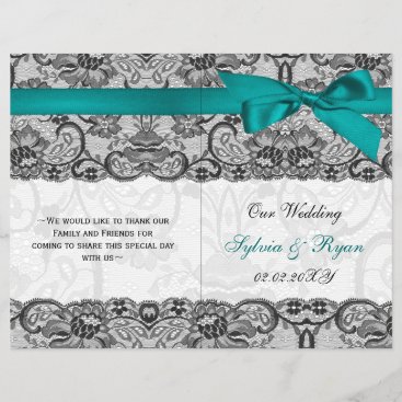 white lace,aqua ribbon book fold Wedding program