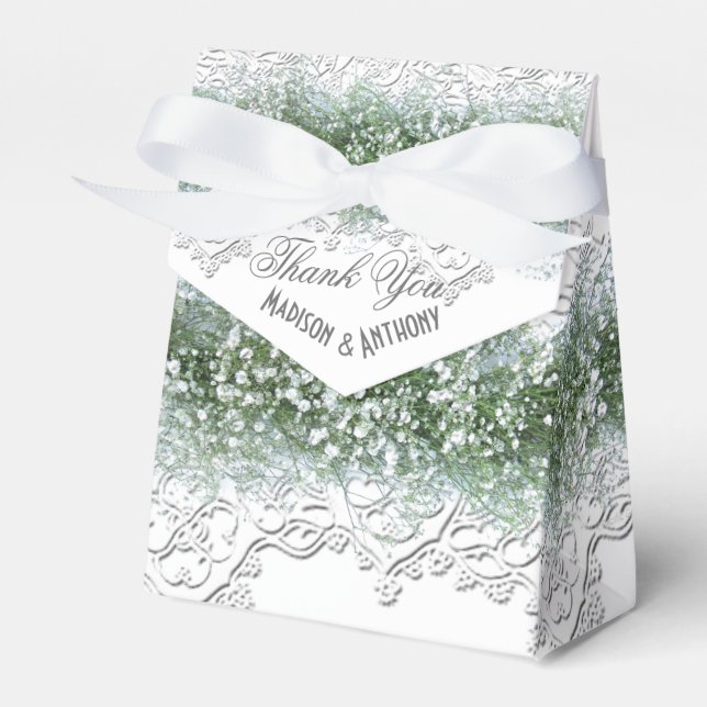 White Lace & Babies Breath Wedding Favor Boxes (Front Side)