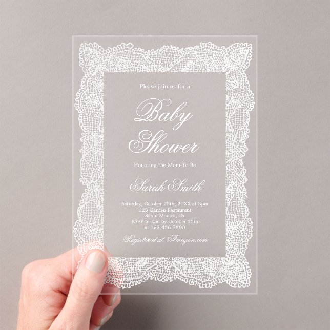 White Lace Baby Shower Acrylic Invitations (Insitu (Handheld))