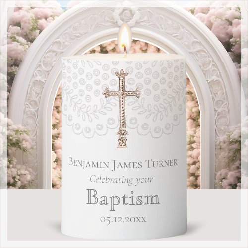 White Lace  Baptism Keepsake Pillar Candle