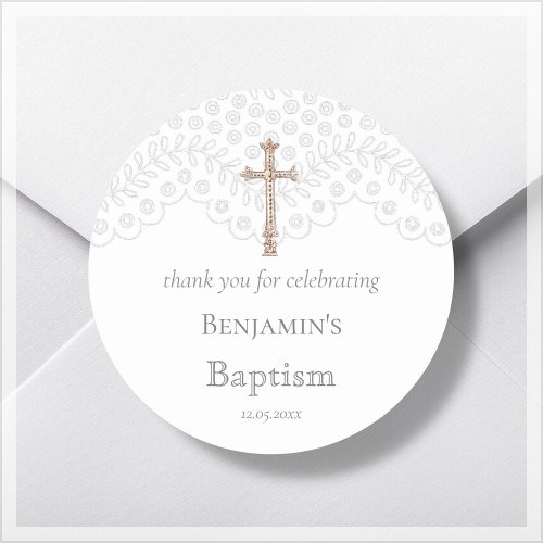 White Lace Baptism Thank You Classic Round Sticker