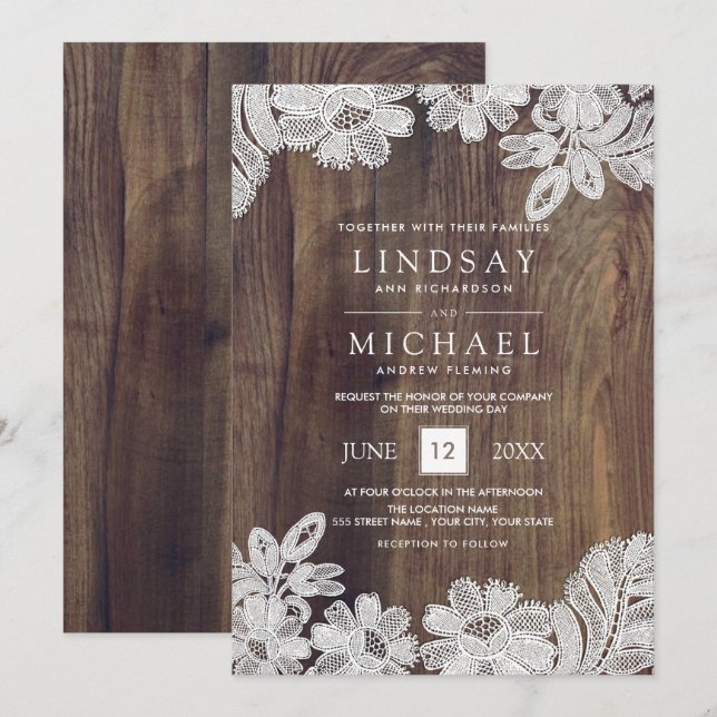 White Lace | Barn Wood Wedding  Invitation (Front/Back)