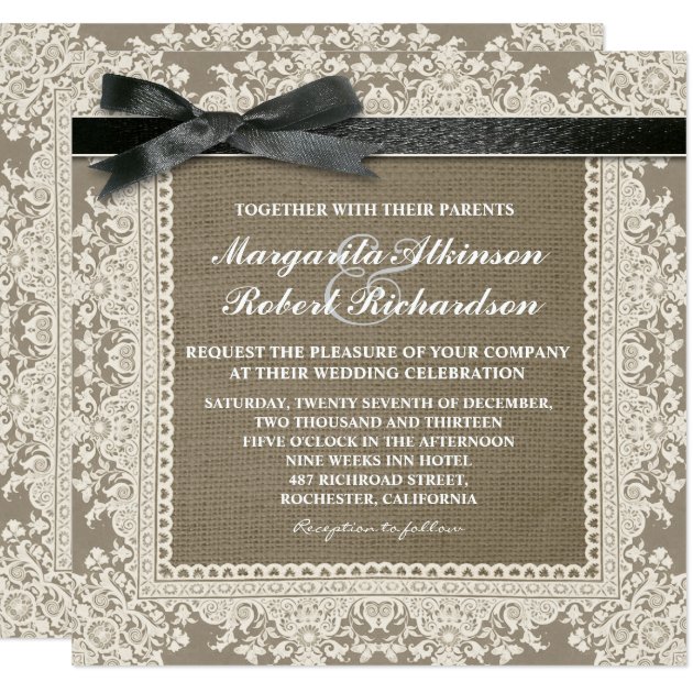 White Lace Black Bow & Burlap Wedding Invitations
