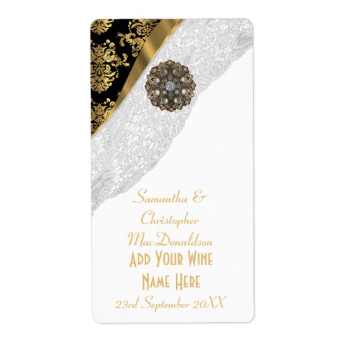 White lace black gold damask wedding wine bottle label