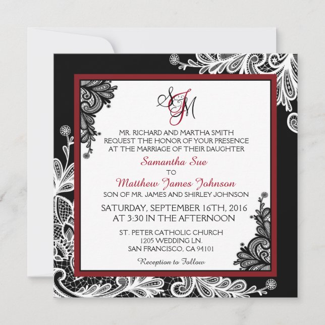 White Lace Black Modern Goth Wedding Invitation (Front)
