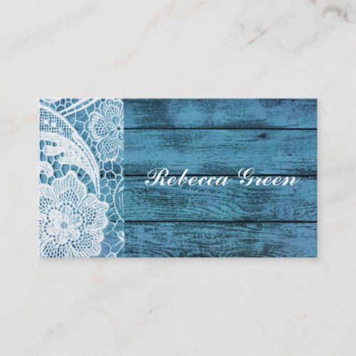 white lace blue barn wood country wedding business card