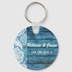 white lace blue barn wood country wedding keychain