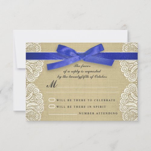 White lace, blue ribbon and burlap wedding RSVP