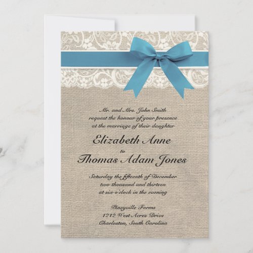 White Lace &amp; Blue Ribbon Burlap Wedding Invitation