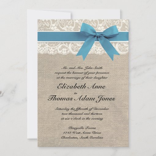 White Lace & Blue Ribbon Burlap Wedding Invitation | Zazzle