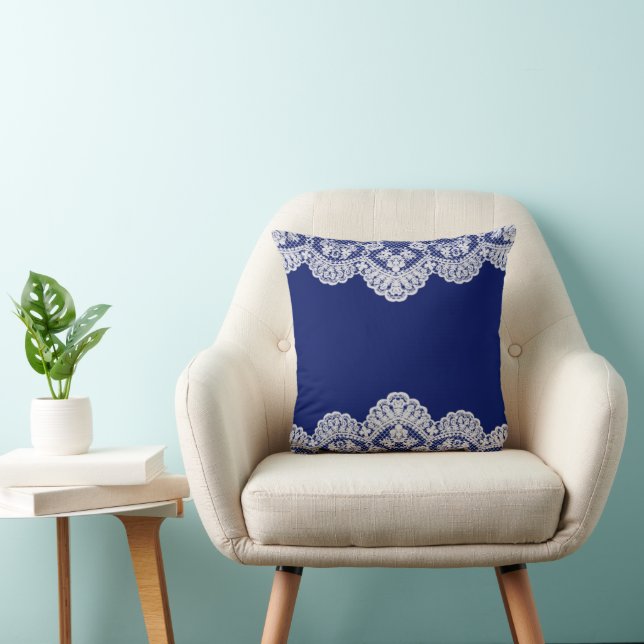 White Lace  Blue Throw Pillow (Chair)