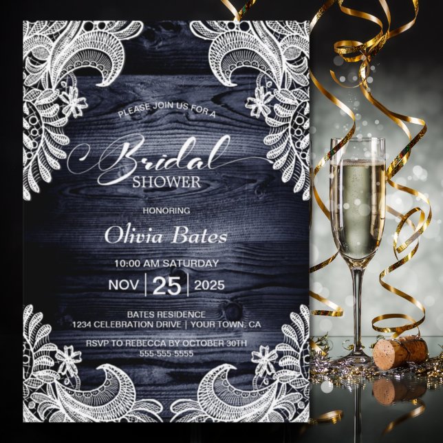 White Lace Blue Wood Bridal Shower Invitation (Creator Uploaded)