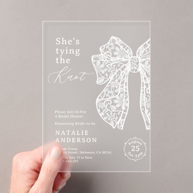 White Lace Bow She's Tying the Knot Bridal Shower Acrylic Invitations (Insitu (Handheld))