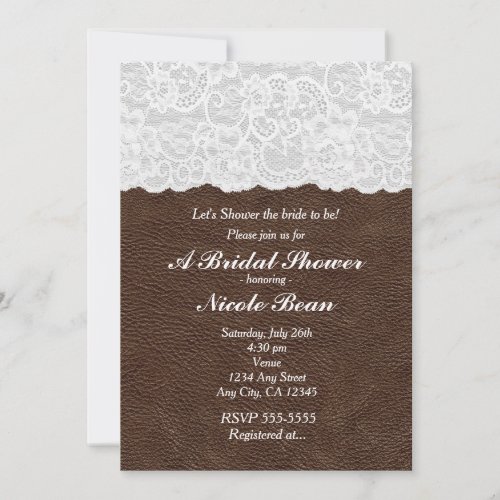 White Lace  Brown Leather Rustic Bridal Shower Invitation