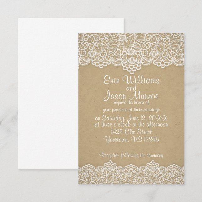 White Lace Brown Paper Wedding Invitation (Front/Back)