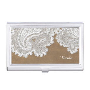 White Lace & Brown Rustic Business Card Holder