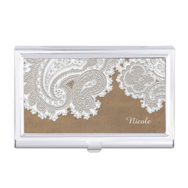 White Lace & Brown Rustic Business Card Holder (Front)