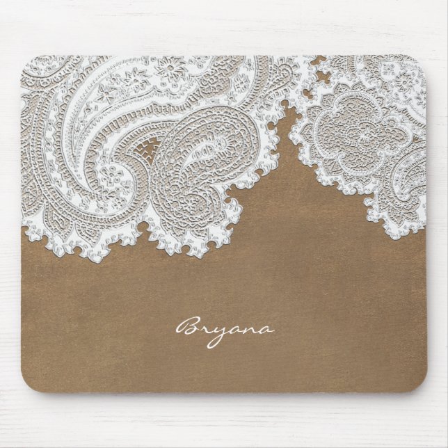 White Lace & Brown Rustic Chic Elegant Country Mouse Pad (Front)