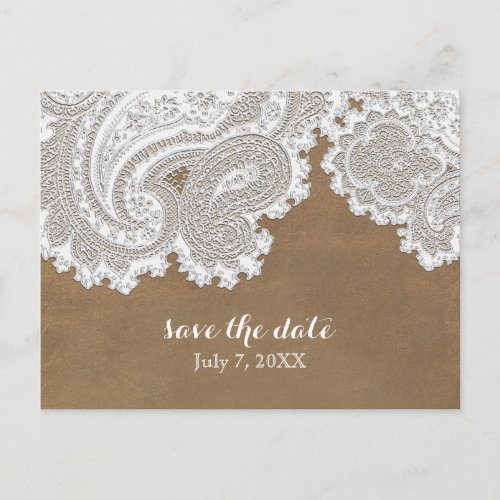 White Lace  Brown Rustic Chic Elegant Wedding Announcement Postcard