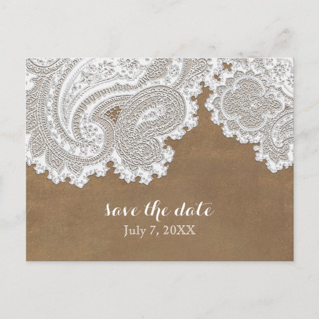 White Lace & Brown Rustic Chic Elegant Wedding Announcement Postcard (Front)