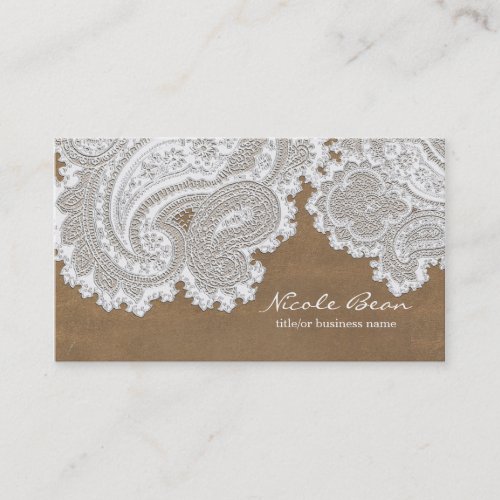 White Lace  Brown Rustic Chic Elegant Wedding Business Card