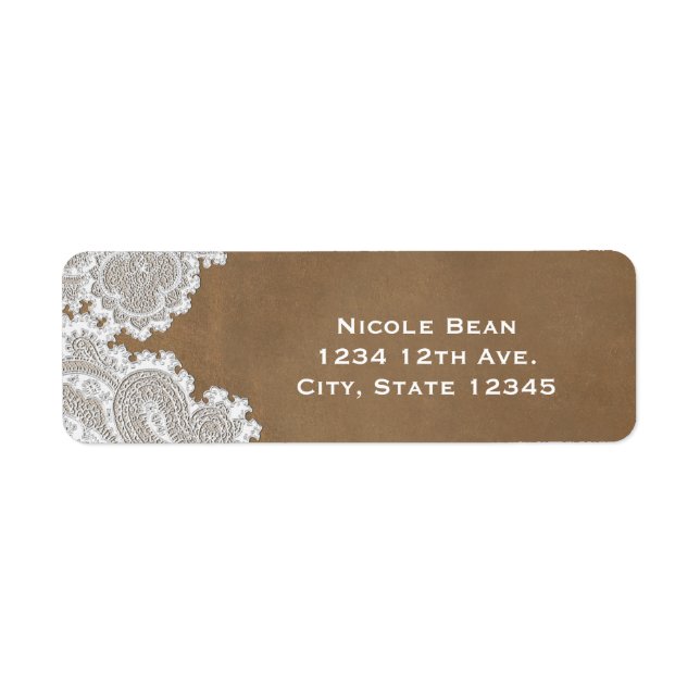 White Lace & Brown Rustic Chic Elegant Wedding Label (Front)