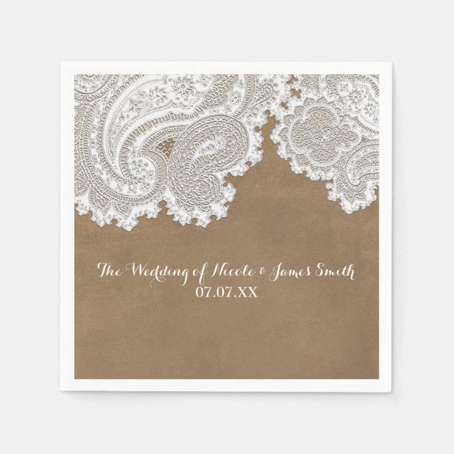 White Lace & Brown Rustic Chic Elegant Wedding Paper Napkins (Front)
