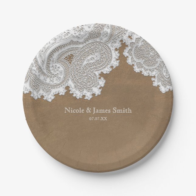 White Lace & Brown Rustic Chic Elegant Wedding Paper Plates (Front)