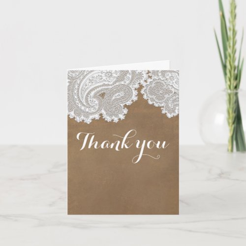White Lace  Brown Rustic Chic Elegant Wedding Thank You Card