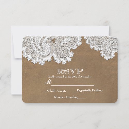 White Lace  Brown Rustic Elegant Wedding RSVP