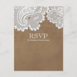White Lace & Brown Rustic Elegant Wedding RSVP Invitation Postcard