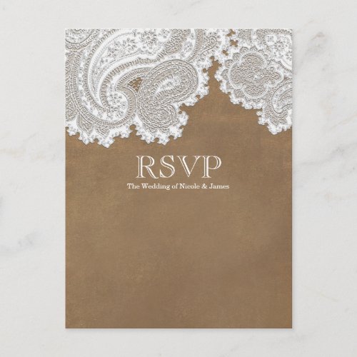 White Lace  Brown Rustic Elegant Wedding RSVP Invitation Postcard